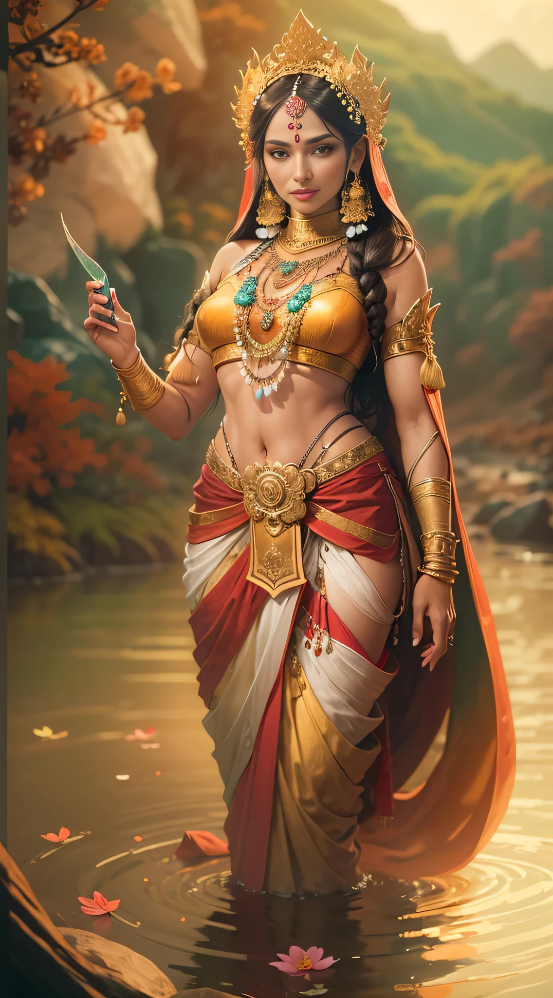 Bipasha Basu, like an Apsara, standing in a forest, beside a river, flowers in hand, dark brown braided hair, comely, dressing nothing, dressing, heavy gold ornaments, great smile, whole body, from front view, from head to toe, mountains in the background, full light on the face, photorrealistic, high resolution