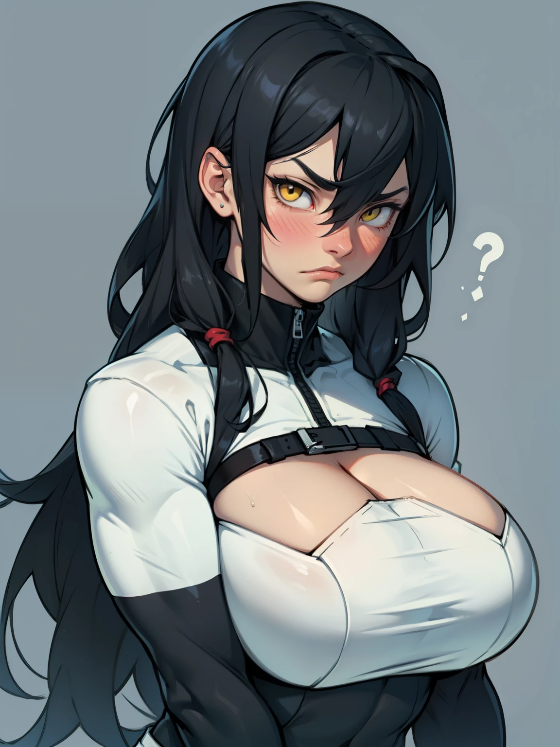 muscular girl black hair yellow eyes disappointed