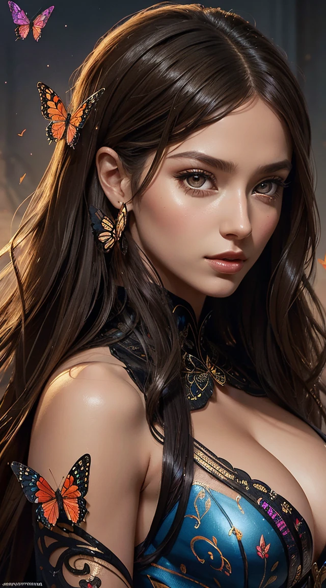 Ester Exposito, butterfly sexy clothes, character portrait, 3 9 9 0 s, long hair, intricate, elegant, highly detailed, digital painting, artstation, concept art, smooth, sharp focus, illustration, art by wlop, charlie bowater and alexandra fomina