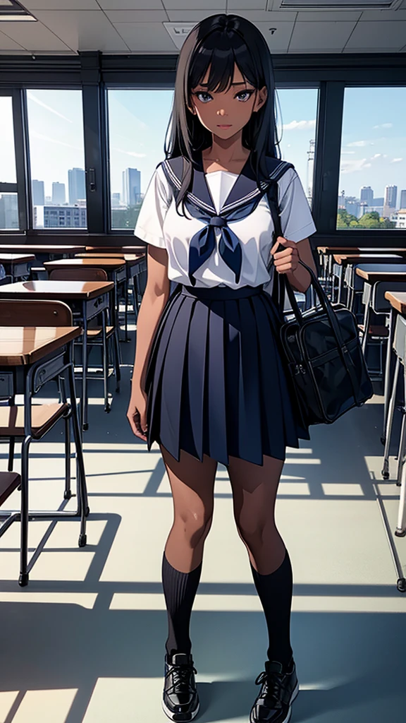 Beautiful attention to detail, Beautiful lip detail, Very detailed目と顔, Long eyelashes, 1 girl, Face close-up, inside the School, In the classroom, 18-year-old, Sweat, Dark skin, (Long black straight hair),dissatisfaction, Sulky, Sailor suit, Dark Blue, White shirt, Short sleeve, School, Dark Blue Skirt, Black Skirt, Knee-high socks, sneakers, School bag, Highest quality, 4K, 8k, High resolution, masterpiece:1.2, Very detailed, Realistic, photoRealistic, photo-Realistic:1.37, High resolution, 超High resolution, Studio Lighting, Ultra-fine painting, Sharp focus, Physically Based Rendering, Very detailed説明, Professional, Vibrant colors, Bokeh, Portraiture