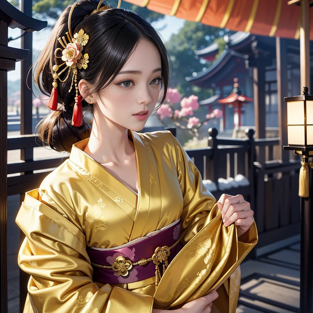 Detailed background((kyoto:1.2),Detailed background)、(Gorgeous and elegant backgrounds:1.2), BREAK,elaborate costume{Luxury kimono(Colorful kimono(Detailed golden embroidery,))}、Japanese Idol(actress),Depict a beautiful and graceful woman of Japan。glossy dark hair,poneyTail,Heart in the eye。 Wallpapers 16K, .Blur the background with a sickle,((masutepiece)), ((Best Quality)),{{a portrait photo of}},full body Esbian