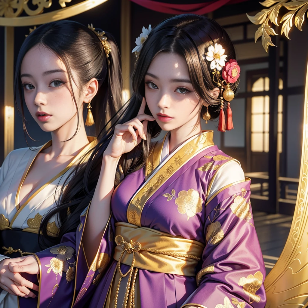 Detailed background((kyoto:1.2),Detailed background)、(Gorgeous and elegant backgrounds:1.2), BREAK,elaborate costume{Luxury kimono(Colorful kimono(Detailed golden embroidery,))}、Japanese Idol(actress),Depict a beautiful and graceful woman of Japan。glossy dark hair,poneyTail,Heart in the eye。 Wallpapers 16K, .Blur the background with a sickle,((masutepiece)), ((Best Quality)),{{a portrait photo of}},full body Esbian