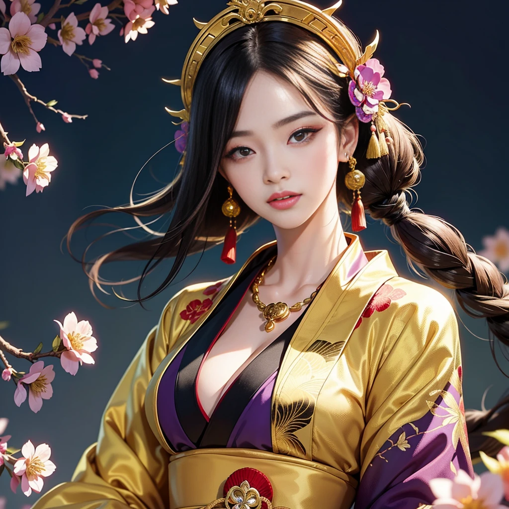 Detailed background((kyoto:1.2),Detailed background)、(Gorgeous and elegant backgrounds:1.2), BREAK,elaborate costume{Luxury kimono(Colorful kimono(Detailed golden embroidery,))}、Japanese Idol(actress),Depict a beautiful and graceful woman of Japan。glossy dark hair,poneyTail,Heart in the eye。 Wallpapers 16K, .Blur the background with a sickle,((masutepiece)), ((Best Quality)),{{a portrait photo of}},full body Esbian