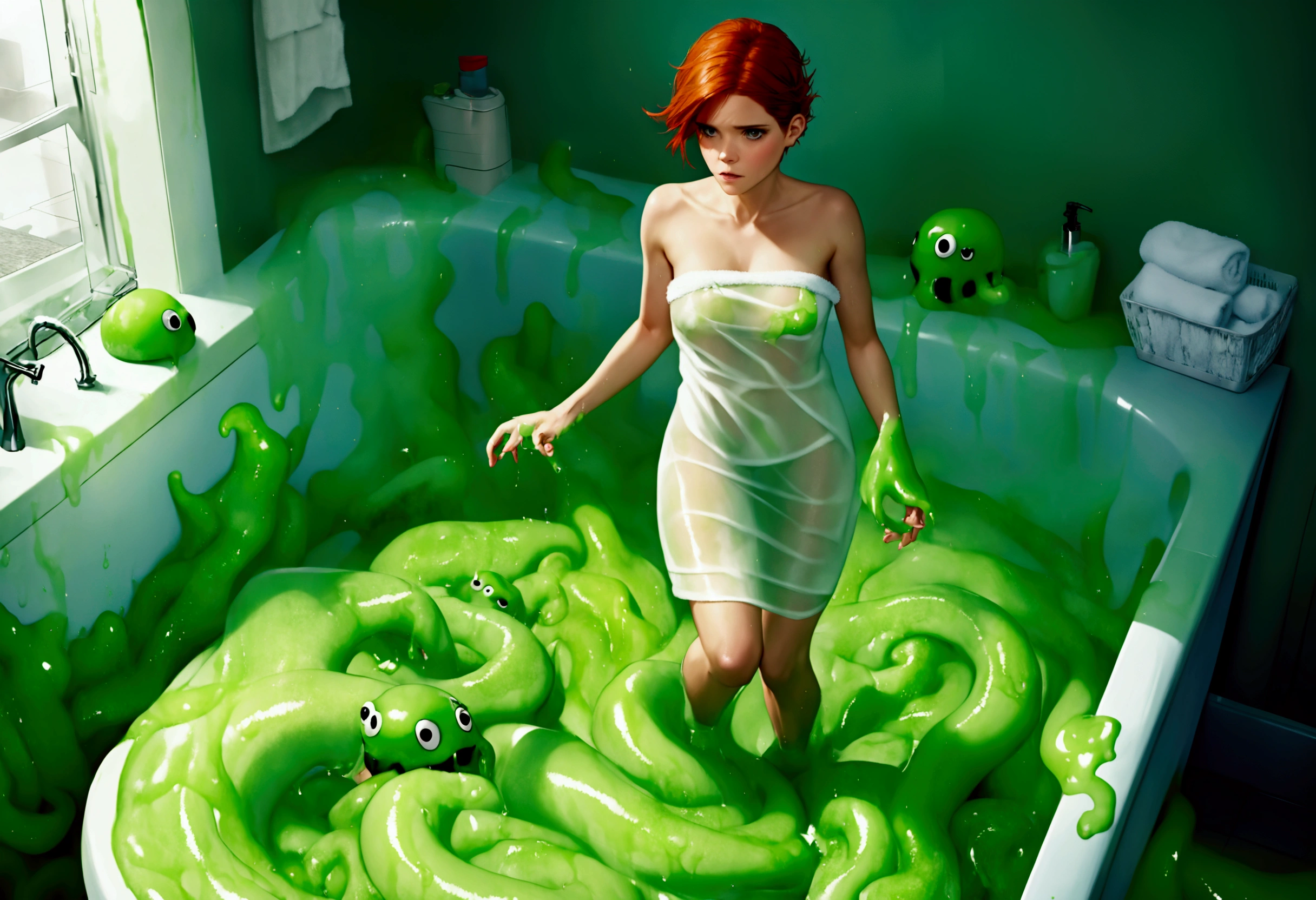 an alien slime monster mimicking a human woman,semi transparent gelatinous figure with a few air bubbles,wearing a soggy bra and panties,in an alien dressing room,(best quality,4k,8k,highres,masterpiece:1.2),ultra-detailed,(realistic,photorealistic,photo-realistic:1.37),highly detailed,intricate,complex gelatinous textures,extreme detail description,physically-based rendering,vivid colors,cinematic lighting,science fiction,surreal