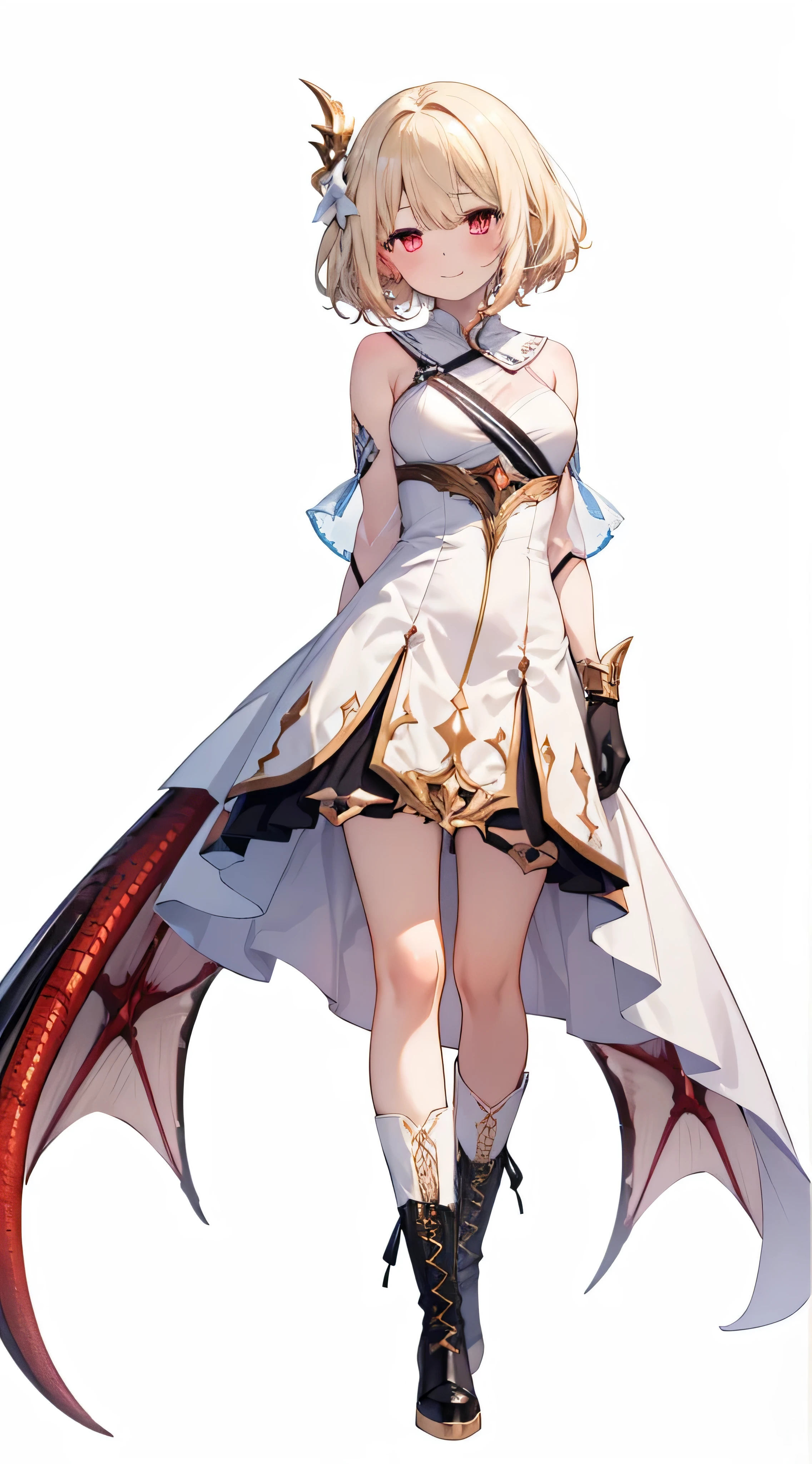 Head to Toe,whole body,A young woman with long light blonde hair stands to the side。, One Girl, alone, Dragon Red Eyes, smile, white red background, blush,  bangs, Look forward,Wearing laced boots,standing,arm behind back,grassland,Wearing gloves