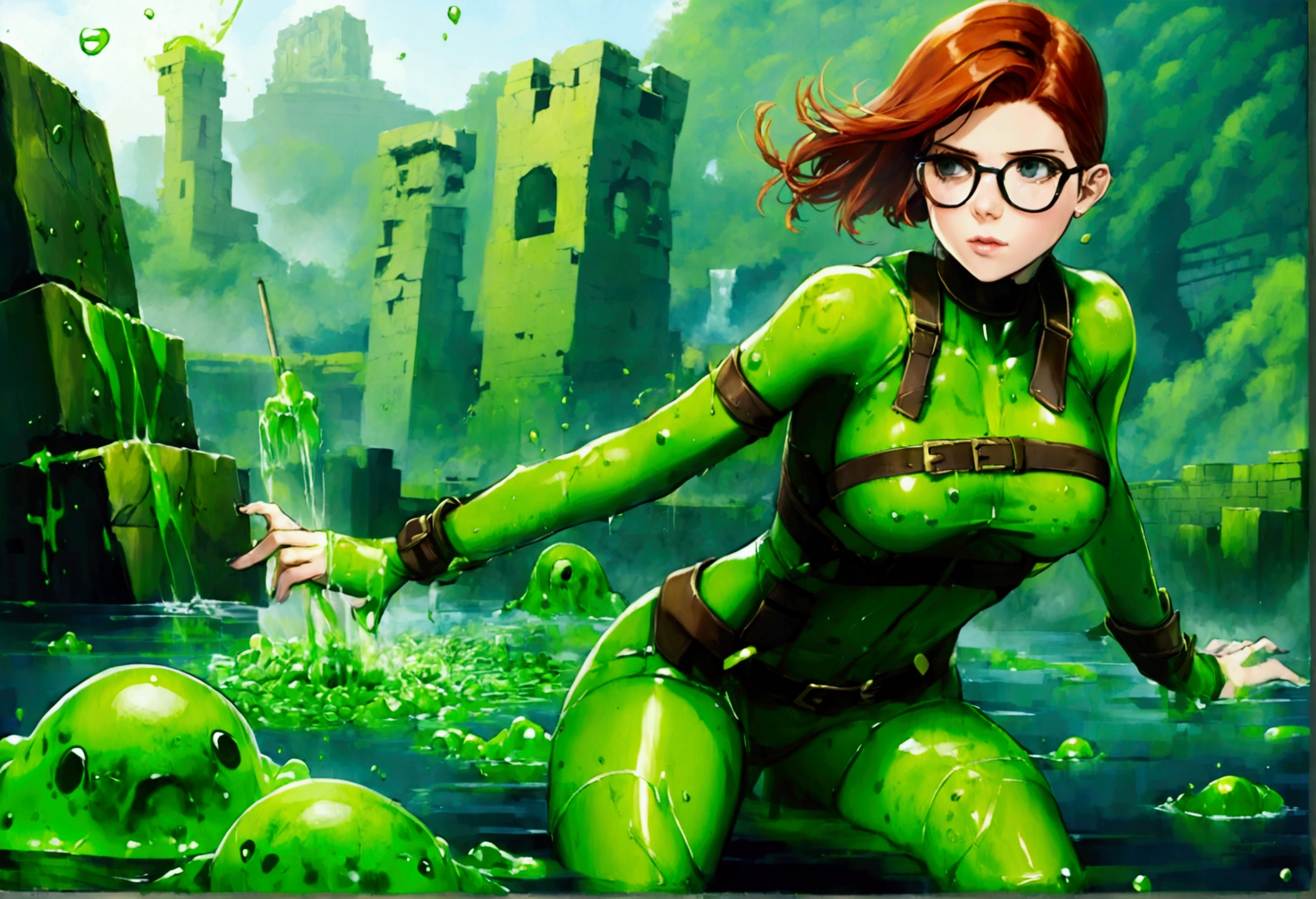 Kate Mara, age 25, adventurer sexy outfit, has fallen into a slime pit trap. ancient ruins, big splash. covered in slime. Something vicious lives in the slime
