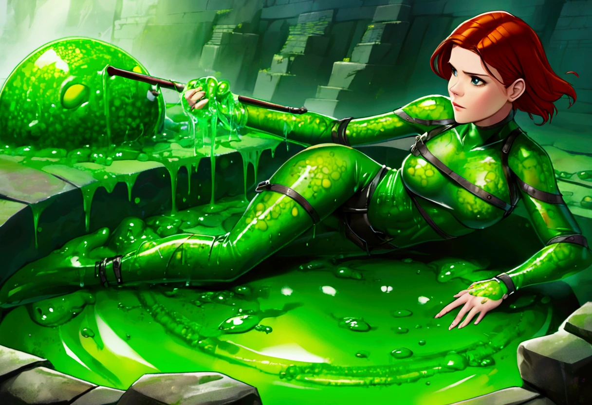 Kate Mara, age 25, adventurer sexy outfit, has fallen into a slime pit trap. ancient ruins, big splash. covered in slime. Something vicious lives in the slime