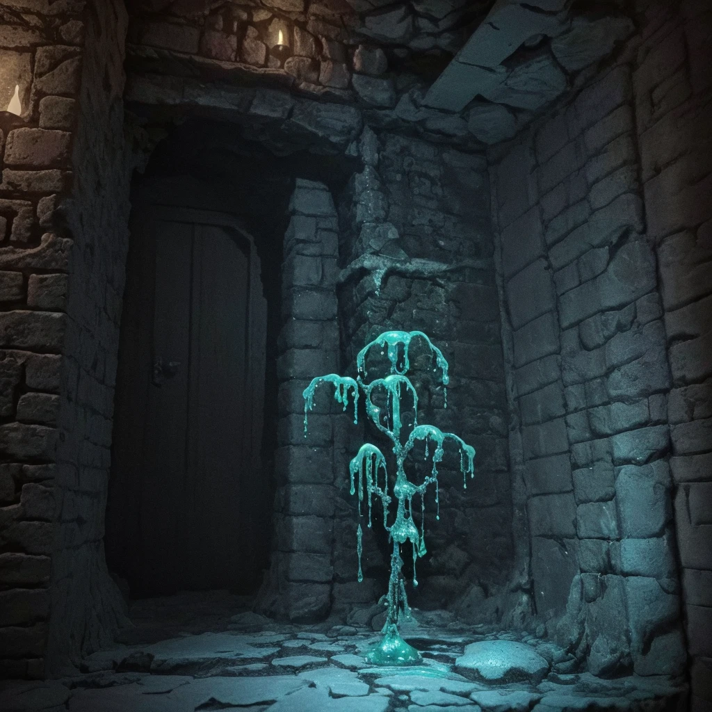 a cute slime, detailed adorable slime, slime with pretty shape, slime in dungeon, (best quality,4k,8k,highres,masterpiece:1.2),ultra-detailed,(realistic,photorealistic,photo-realistic:1.37),highly detailed slime, extremely detailed slime, photorealistic slime, intricate slime details, dungeon background, dark dungeon environment, dungeon interior, dramatic lighting, vibrant colors