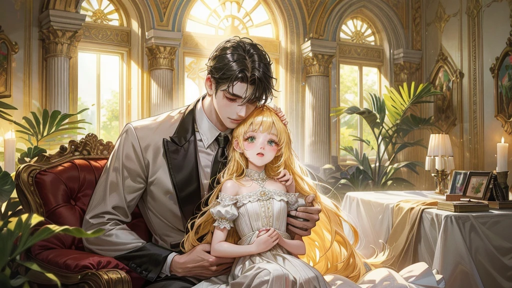 A heartwarming scene in a modern, elegant mansion in Constantine,Algeria. A young father in his 30s, dressed in a business suit, has just returned home from work. He lovingly and warmly embraces his playful and innocent twin children, a boy and a girl, lifting them up in a tight hug. The children, full of joy and innocence, cling to him with bright smiles. The setting is bathed in the golden light of a clear summer evening. Sunlight streams through large windows, illuminating the spacious living room and the view of a beautifully landscaped garden and the sparkling Adriatic Sea beyond. The father, secretly imagined as Constantine I, conveys deep love and forgiveness to his children, who are subtly represented as Crispus and Fausta. There is a profound sense of reconciliation, healing, and renewed bonds, symbolized by subtle hints of ancient Roman elements in the home's decor. The scene exudes warmth, peace, and a sense of restored relationships. 、divine atmosphere、A paradise of greenery and flowers、heaven、Blessings and Blessings、Beautiful fece、brilliance、ultra-quality、Ultra-high resolution、ultra-definition、Super beautiful、masterpiece、