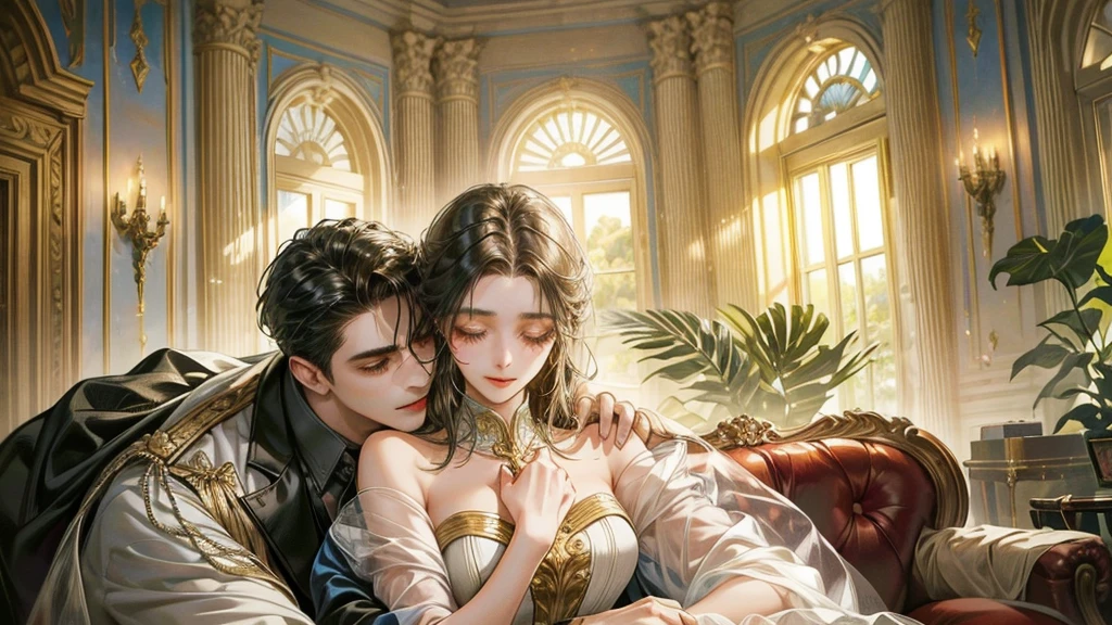 A heartwarming scene in a modern, elegant mansion in Constantine,Algeria. A young father in his 30s, dressed in a business suit, has just returned home from work. He lovingly and warmly embraces his playful and innocent twin children, a boy and a girl, lifting them up in a tight hug. The children, full of joy and innocence, cling to him with bright smiles. The setting is bathed in the golden light of a clear summer evening. Sunlight streams through large windows, illuminating the spacious living room and the view of a beautifully landscaped garden and the sparkling Adriatic Sea beyond. The father, secretly imagined as Constantine I, conveys deep love and forgiveness to his children, who are subtly represented as Crispus and Fausta. There is a profound sense of reconciliation, healing, and renewed bonds, symbolized by subtle hints of ancient Roman elements in the home's decor. The scene exudes warmth, peace, and a sense of restored relationships. 、divine atmosphere、A paradise of greenery and flowers、heaven、Blessings and Blessings、Beautiful fece、brilliance、ultra-quality、Ultra-high resolution、ultra-definition、Super beautiful、masterpiece、