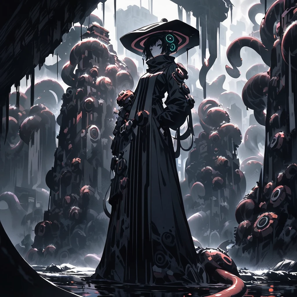 (dark biopunk art), (tentacle biopunk atmosphere), (gloomy biopunk girl), dark biopunk girl, pale skin, tall biopunk hat, long clothes, beacon environment, (dark lighting), many shadows, cold lights, biopunk