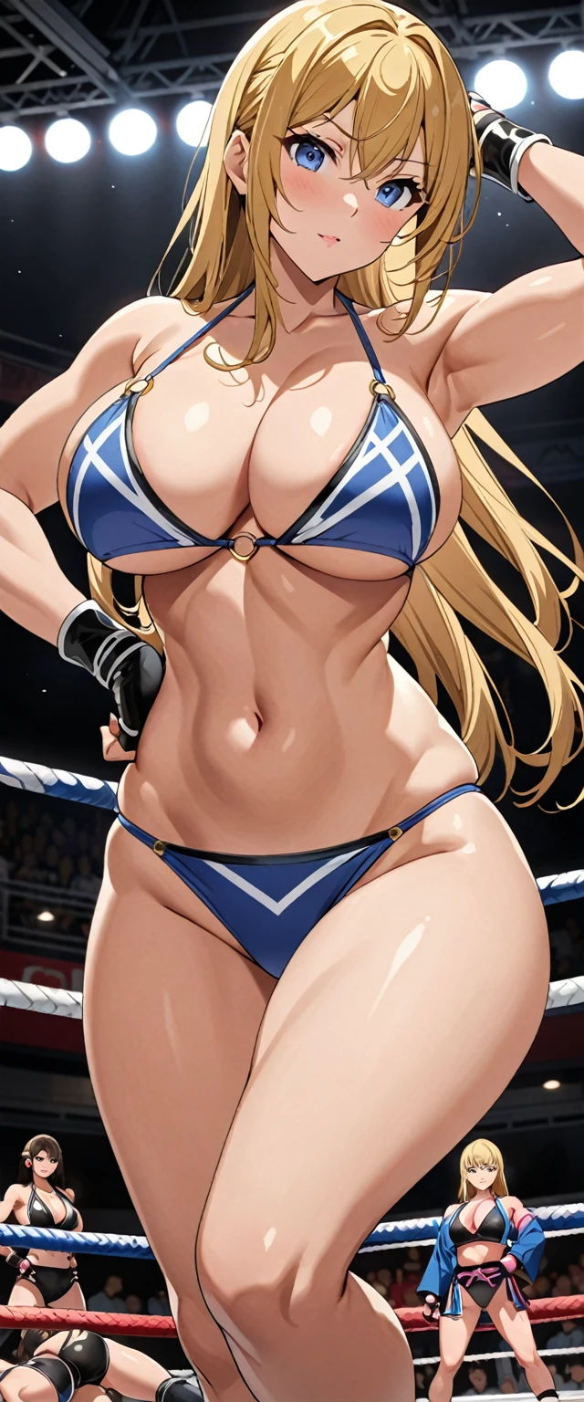 ((masterpiece)), ((high quality)), ((super detailed)), ((high resolution)) ,((8k)), a beautiful woman, ((She is one of the most famous female Gravure actress in the world)), ((unparalleled beauty)), ((huge breast)), ((large ass)), ((deep cleavage)), slim waist, chest out, ultra detailed face, perfect skin, (((Blonde straight golden hair))), blue eyes, detailed eyes, whole body image, (((anime))), ((glamorous)), ((((26 years old)))), ((incredibly beautiful woman)), ((The I cup bust)), ((((sling bikini ring wear)))), ((beautiful breasts)), beautiful legs, 8 life size, anime, the most beautiful and strongest, ((charm)), ((Half Japanese and half British)), ((Grown-up face)), ((Open Finger Glove, Five fingers)), (((Women's mixed martial arts, A fighting arena))), ((Bewitching)), ((A heroine of the women's professional wrestling world)), ((Gravure pose)),