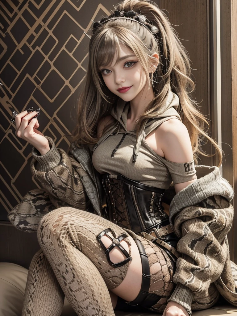 (Smiling with teeth showing:1.3),(Shibuya Gal:1.5)、(Race Queen Wind:1.5)、(Neo-goth fashion:1.5)、(Punk RockVisual Kei:1.5)、(An off-the-shoulder hoodie in khaki and brown with delicate silver accessories.:1.5)、(A corset with a delicate beige and brown design:1.4)、(Dark grey, khaki and brown snakeskin bodysuit:1.5)、(Snake print headband:1.3)、(Beige and charcoal knee socks:1.4)、Embellished collar and long boots、(I'm selling snake print underwear.:1.4)、(Long eyelashes:1.3)、(Age 25)、((Highest quality、8k、masterpiece:1.3))、1 Female、Slim and beautiful abs:1.3、(hairstyle casual、Beautiful boobs:1.1)、(Doing an aerobics pose:1.3)、dress:1.1、Super small face、Narrow eyes、double eyelid、A sloppy smile、Esbian all over body、Dynamic Angle、Close-up、CPL Filter、Blurred Background、Bokeh、Blue Hour、Detailed face and skin texture、Detailed eyes,(Twin tails:1.3)、(Brown-golden hair:1.3)、Gravure idol、(The background is a glamorous dance hall:1.3)、(Make your legs thinner:1.4)、(Slim Body:1.3)、(clavicle:1.1)