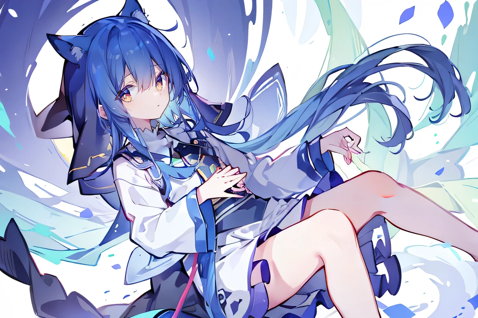 (masterpiece:1.2),Extremely detailed,Practical,expressive eyes,Fair skin,Perfect face shaping,1 Girl,
Japanese cartoons,Gorgeous blue hair, the long flowing blue hair,Floating clothes,Cat ears,Petals fall,beautiful lola,Young Angel,
Place your hands on your waist,sit elegantly on the ground,Cross your legs,Gentle and peaceful background,stately church,nun.