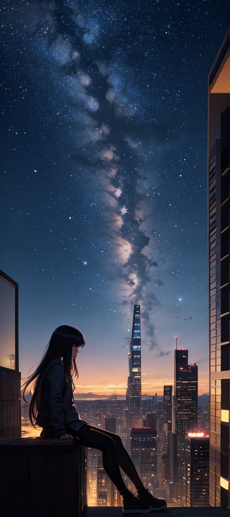 Octane, null, star (null), scenery, starry null, night, One girl, night null, alone, Outdoor, building, cloud, milky way, Sitting, wood, Long Hair, city, silhouette, cityscape  