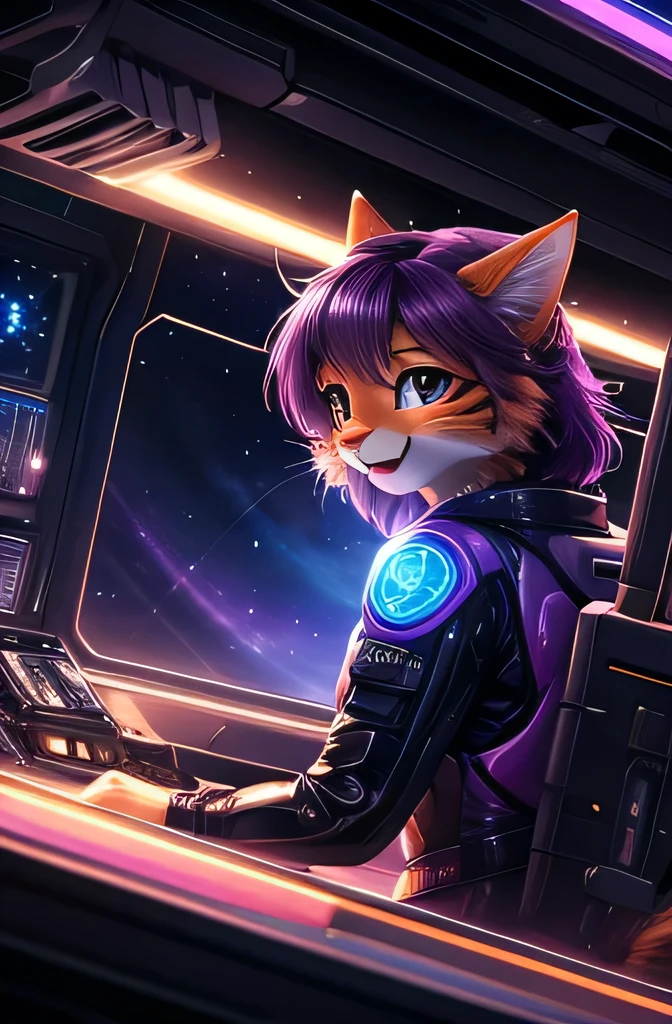 ASCIIrealistic, masterpiece, (three quarter back) view, backside, over the shoulder, above shot, cute (female (anthro ((orange/tabby) cat))) glossy fur, purple eyes, driving a purple musclecar ((short messy purple hair, short bangs)), (hot pink and purple space suit | latex alien suit, utility space suit with many straps and stickers), racing stickers, tubes, tactical patches, retrofuturistic accessories, goggles, closed mouth, uploaded on e621, (by Hasui Kawase:0.5), by Barbara Takenaga, by Affandi, by Beatrice Ethel Lithiby, by Catcouch, FurryCore, nighttime, intricately detailed spacecraft interior, colored magical lights, dim lighting, fluro neons, round headlights casting bright neon light throughout the room, lavish decorated bed, spacecraft pilot cockpit cabin in green, hot pink and purple aesthetic, emitting otherworldly glow that defies the laws of natural light, miniature planet models hanging from the ceiling, large panoramic glass window reflecting on a galaxy outside detailed, realistic, 8k uhd, high quality, high quality photography, 3 point lighting, flash with softbox, 4k, Canon EOS R3, hdr, smooth, sharp focus, high resolution, award winning photo, 80mm, f2.8, bokeh, cinematic composition, cinematic lighting,highly detailed, masterpiece, best quality, realistic, (intricate:0.9), (high detail:1.4), film photography, sharp focus,