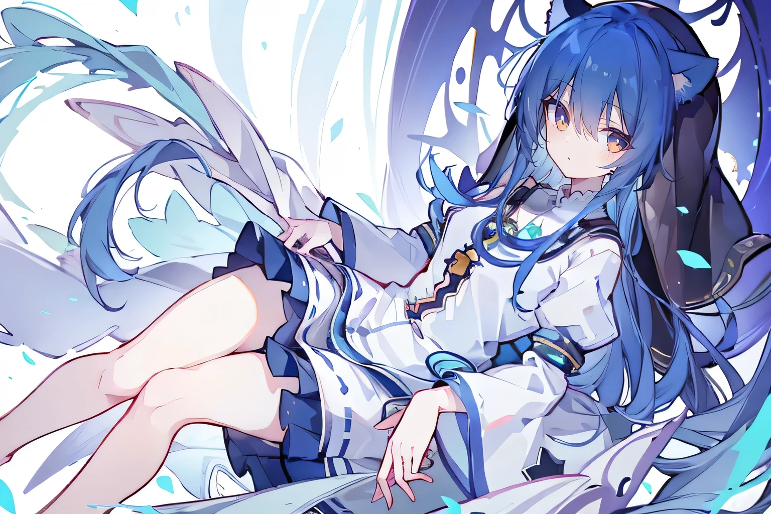 (masterpiece:1.2),Extremely detailed,Practical,expressive eyes,Fair skin,Perfect face shaping,1 Girl,
Japanese cartoons,Gorgeous blue hair, the long flowing blue hair,Floating clothes,Cat ears,Petals fall,beautiful lola,Young Angel,
Place your hands on your waist,sit elegantly on the ground,Cross your legs,Gentle and peaceful background,stately church,nun.