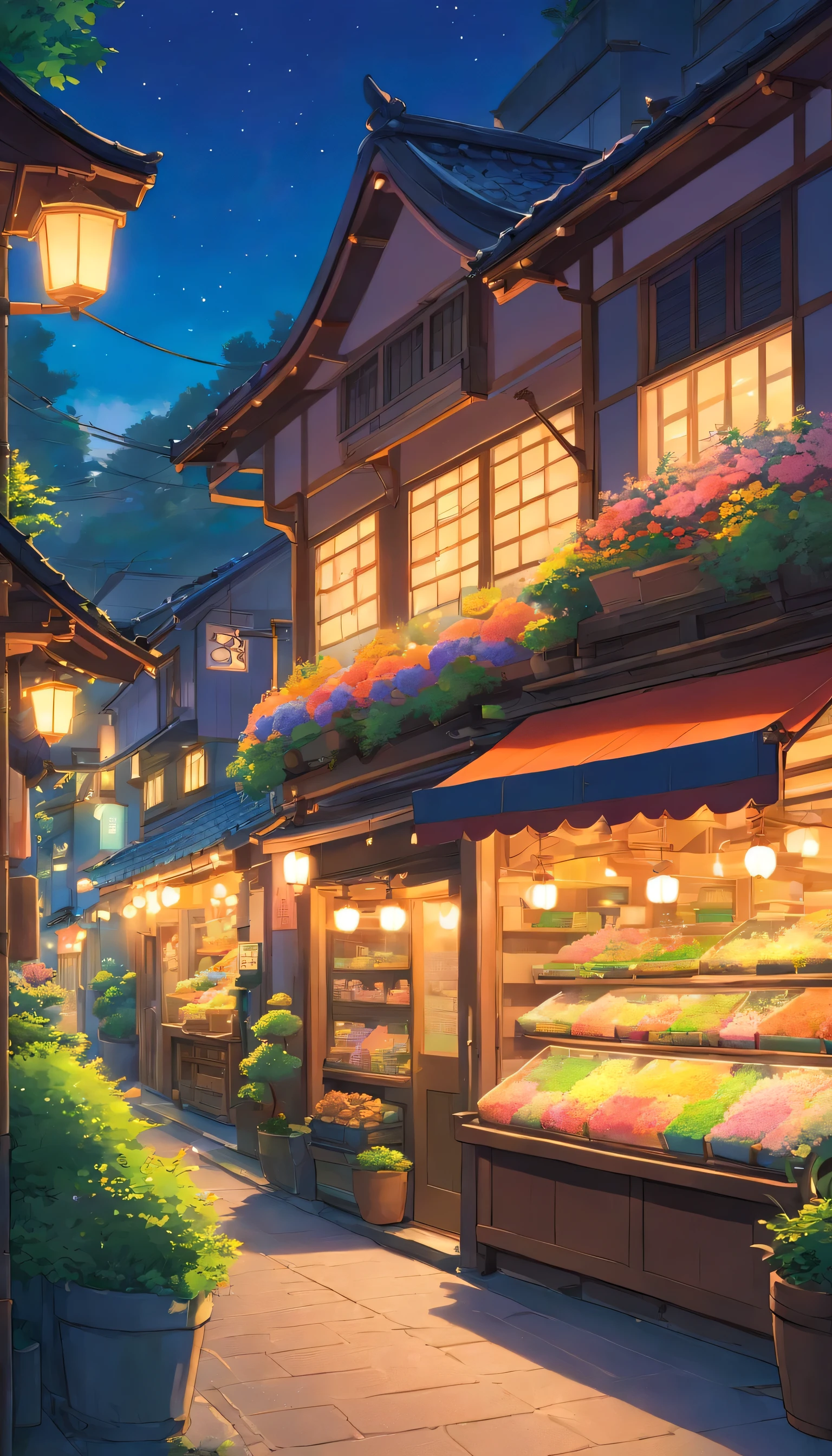 Generate an after sunset scene of old Japanese flower shop by the road side with warm lights. Make sure the shop is well detailed and avoid glitches and overlap. No humans should be in the picture.