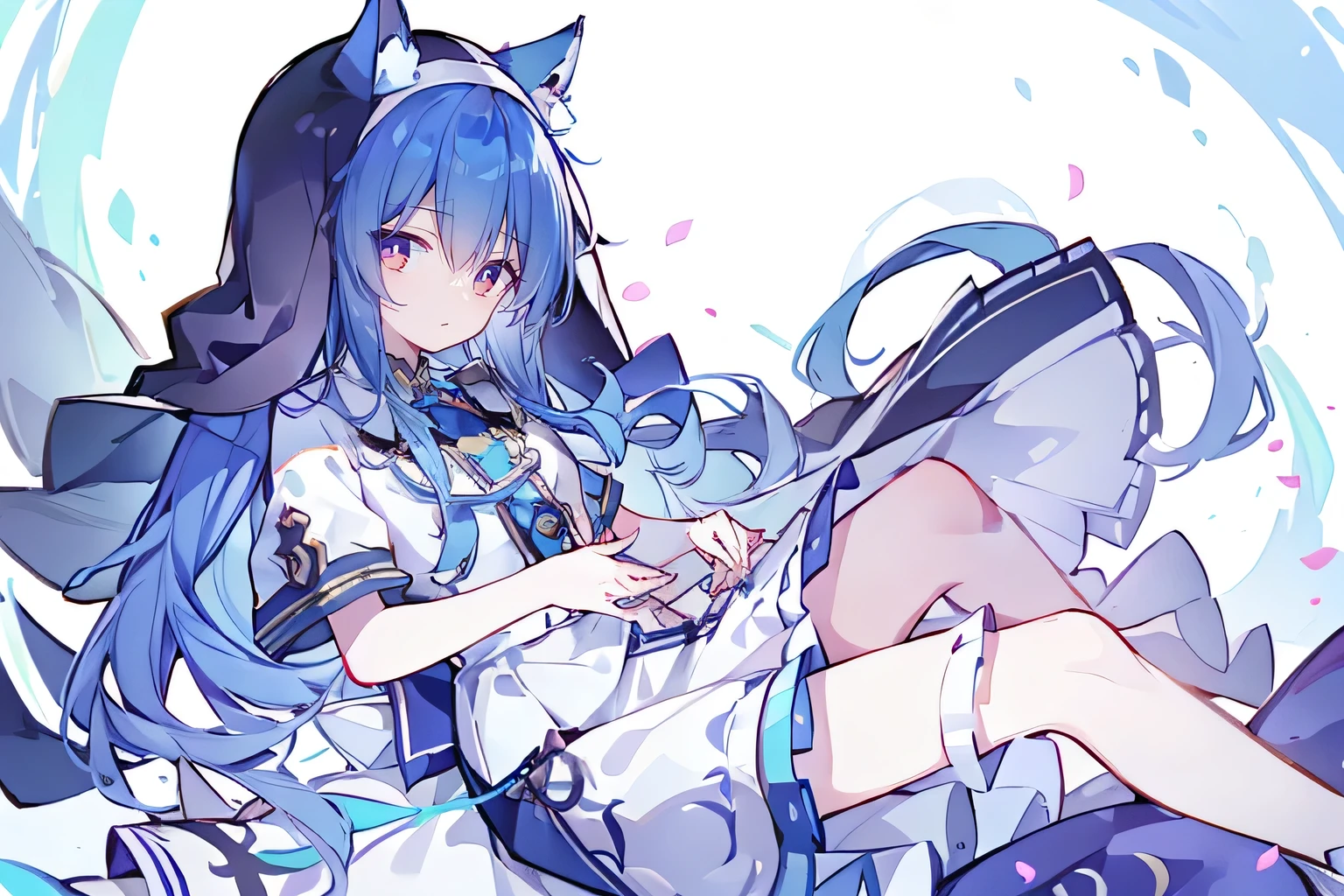 (masterpiece:1.2),Extremely detailed,Practical,expressive eyes,Fair skin,Perfect face shaping,1 Girl,
Japanese cartoons,Gorgeous blue hair, the long flowing blue hair,Floating clothes,Cat ears,Petals fall,beautiful lola,Young Angel,
Place your hands on your waist,sit elegantly on the ground,Cross your legs,Gentle and peaceful background,stately church,nun.