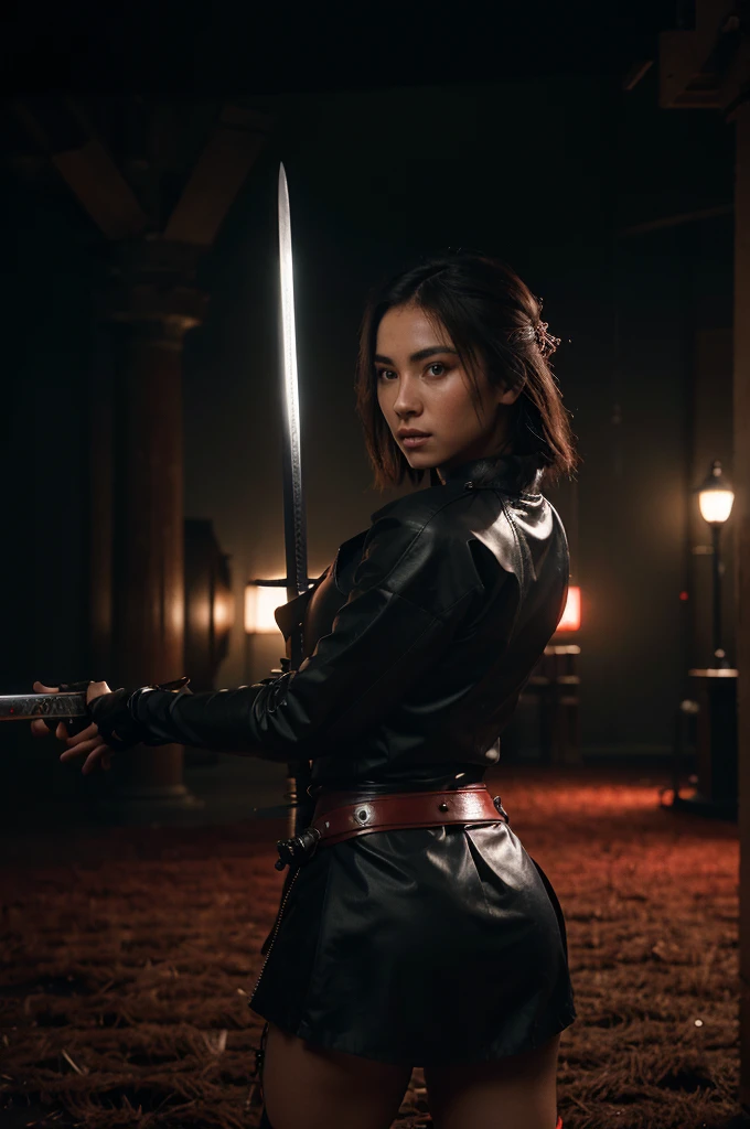cinematic film beautiful girl samurai, wear nothing but samurai armor, dynamic pose, jumping pose, model poses, novuschroma60 style bokeh, long legs, sword stance, sword dance, swing sword like dancing, fighting stance, the red moon highlights the subject, single sword, one hand hold sword, a slight back bend, night, rimlight, darkness, dark, low-key, chiaroscuro, symmetry, elegance, cyberpunk dystopia, megabuildings, advertisement, dystopia, mechanical arms, science fiction, no humans, samurai, low angle, fisheye lens, wide angle lens, Glow, red mist, red smoke, red fog, shallow depth of field, highly detailed, high budget, cinemascope, moody, epic, gorgeous, film grain, grainy
