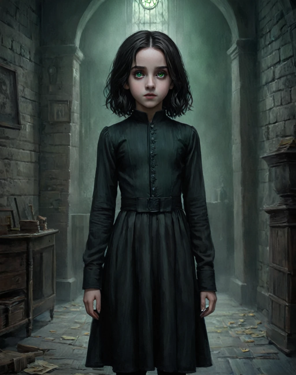 tarot card, illustration of  daughter of severus snape, full body, Artistic elements add depth to the work. The overall atmosphere is creepy and nightmarish..., With a unique artistic touch. This movie is、The dark and crazy world of horror movies depicted in HD., Evoke visual stimuli and aesthetic sense, It will terrify and excite the audience....,watercolor画, （Lightless, Eyes without highlights, Evil green Eye, A bad looking person with green eyes, It&#39;s a black eyeliner）,whole body絵, Wearing a maid outfit and （Gradient braided black hair, (Light black hair), (Ink blotches:1.1), (pale:1.2),(Light purple:1.2),(Light green:1.2)　and a mature face,tall, Wearing black tights,Green Eyes, The skin is hidden　and maid, The background is a dark and desolate landscape, Horror movie atmosphere. Her figure is extremely beautiful, Emphasizing the dark and crazy elements. Skillfully expressing the effects of light and shadow, detailed, The face and expression of the black costume are also carefully drawn...,sketch (Character design sheet, same characters, whole body, Three-View, front, ~ ~ ~ side, return) and 1 female, Nervous,Cowboy Shot,,(Very bright:1.1), White Background, [1 Girl:7], (Tilt your head:1.2), ([sketch|watercolor \(Moderate\)]:1.15),Chaotic Abstract
