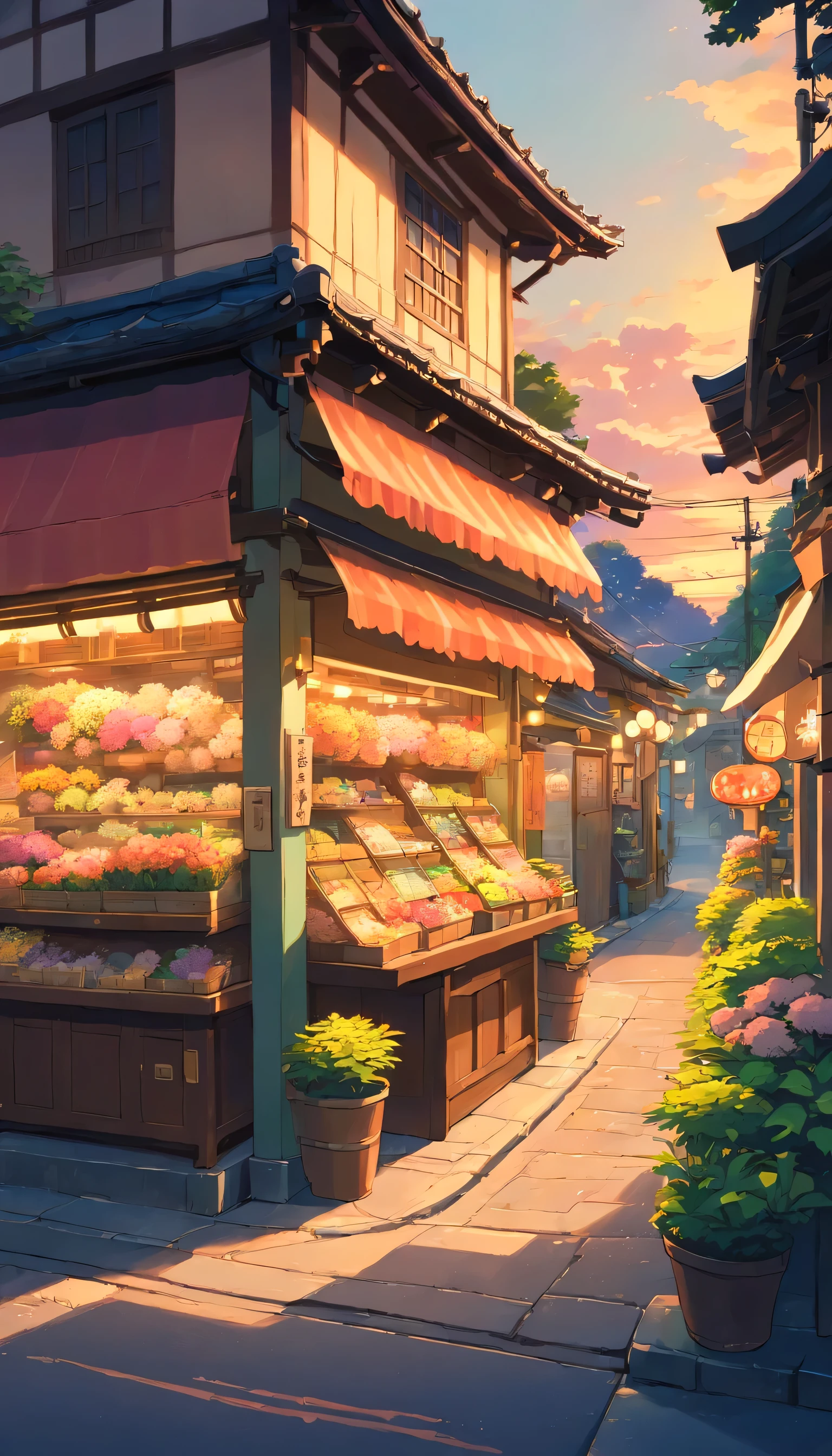 Generate an after sunset scene of old Japanese flower shop by the road side with warm lights. Make sure the shop is well detailed and avoid glitches and overlap. No humans should be in the picture.