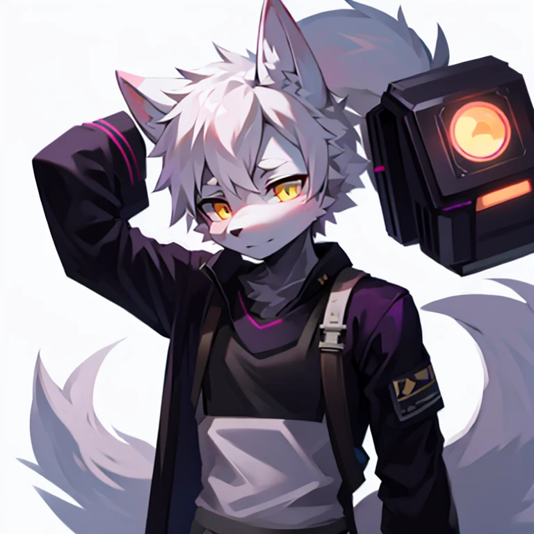 cyber punk perssonage,epcot,Tech style,solo person,White body,White ears,White hair,Overall white,Orange-yellow eyes,Wolf tail,Wolf orcs,Young,Wear a short-sleeved shirt,Ultra-clear screen,Soft lines