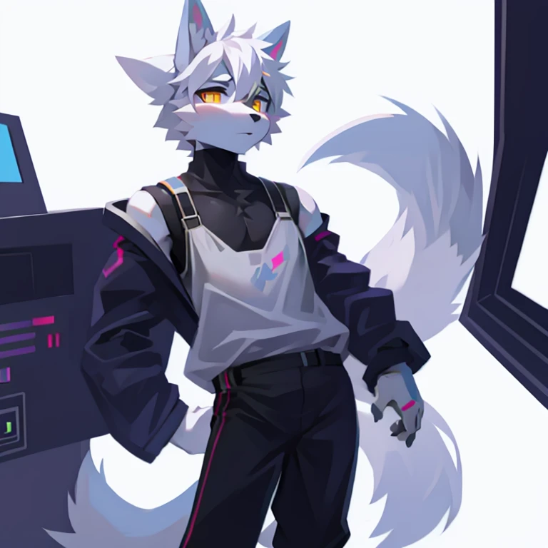 cyber punk perssonage,epcot,Tech style,solo person,White body,White ears,White hair,Overall white,Orange-yellow eyes,Wolf tail,Wolf orcs,Young,Wear a short-sleeved shirt,Ultra-clear screen,Soft lines