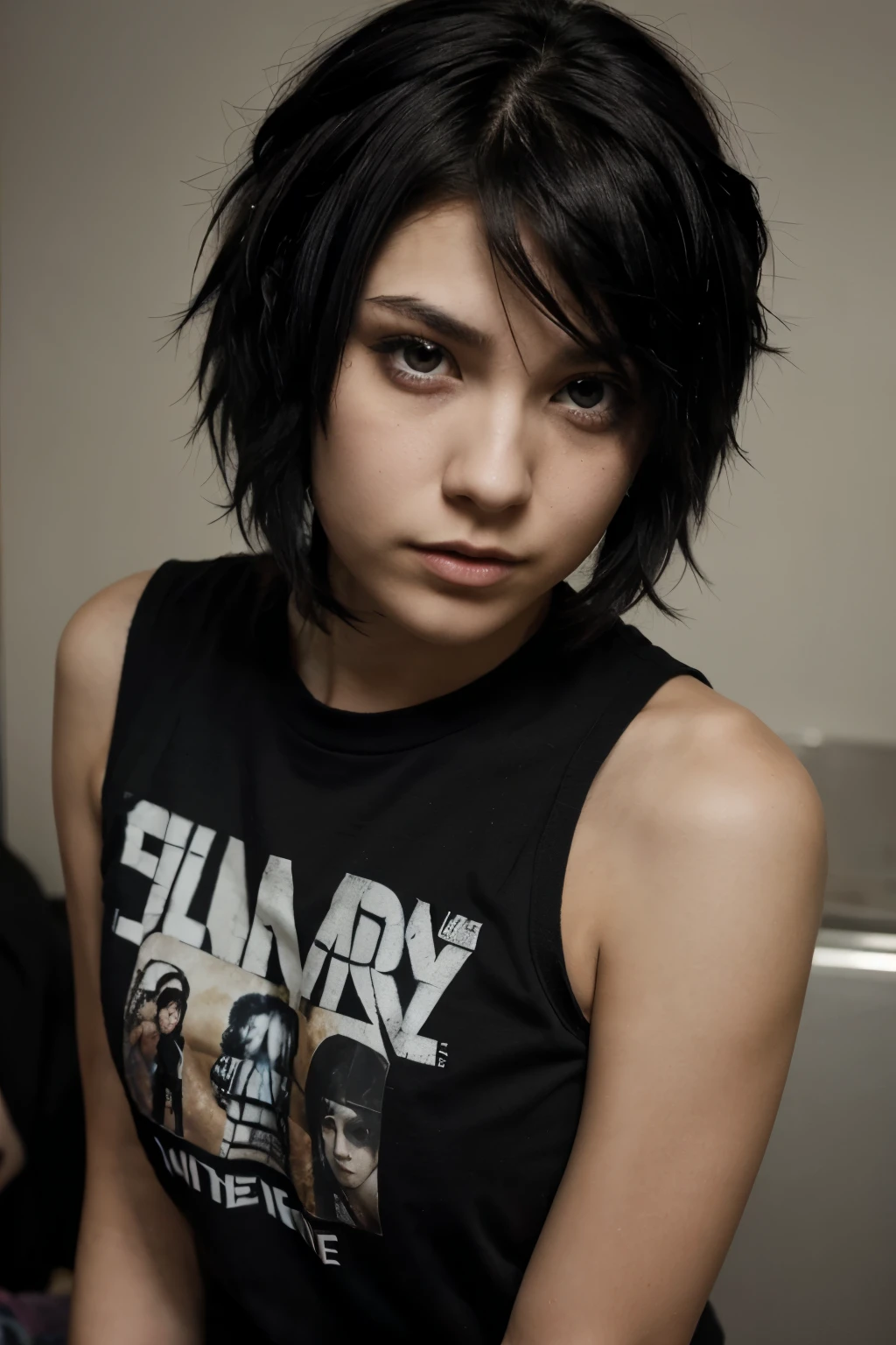 a teenager, attractive, short black hair, with a shaggy, let it be emo, I wore a t-shirt from a band called My chemical romance, have pretty eyes and radiate innocence but be dominant