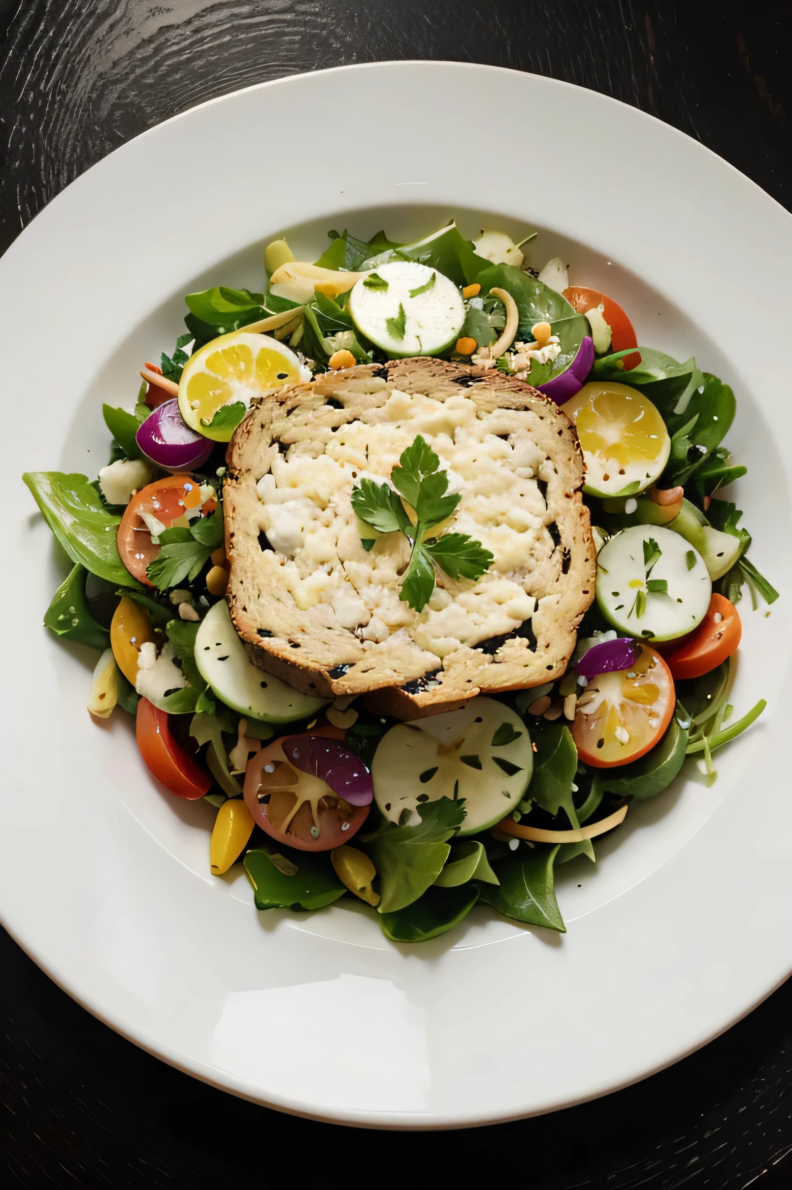 square image of salad on round plate viewed from above on a black table