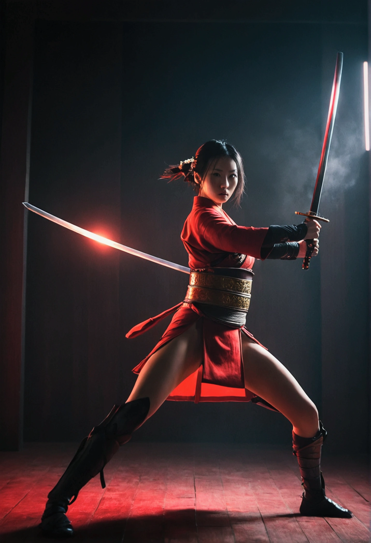 cinematic film beautiful girl samurai, wear nothing but samurai armor, dynamic pose, jumping pose, model poses, novuschroma60 style bokeh, long legs, sword stance, sword dance, swing sword like dancing, fighting stance, the red moon highlights the subject, single sword, one hand hold sword, a slight back bend, night, rimlight, darkness, dark, low-key, chiaroscuro, symmetry, elegance, cyberpunk dystopia, megabuildings, advertisement, dystopia, mechanical arms, science fiction, no humans, samurai, low angle, fisheye lens, wide angle lens, Glow, red mist, red smoke, red fog, shallow depth of field, highly detailed, high budget, cinemascope, moody, epic, gorgeous, film grain, grainy