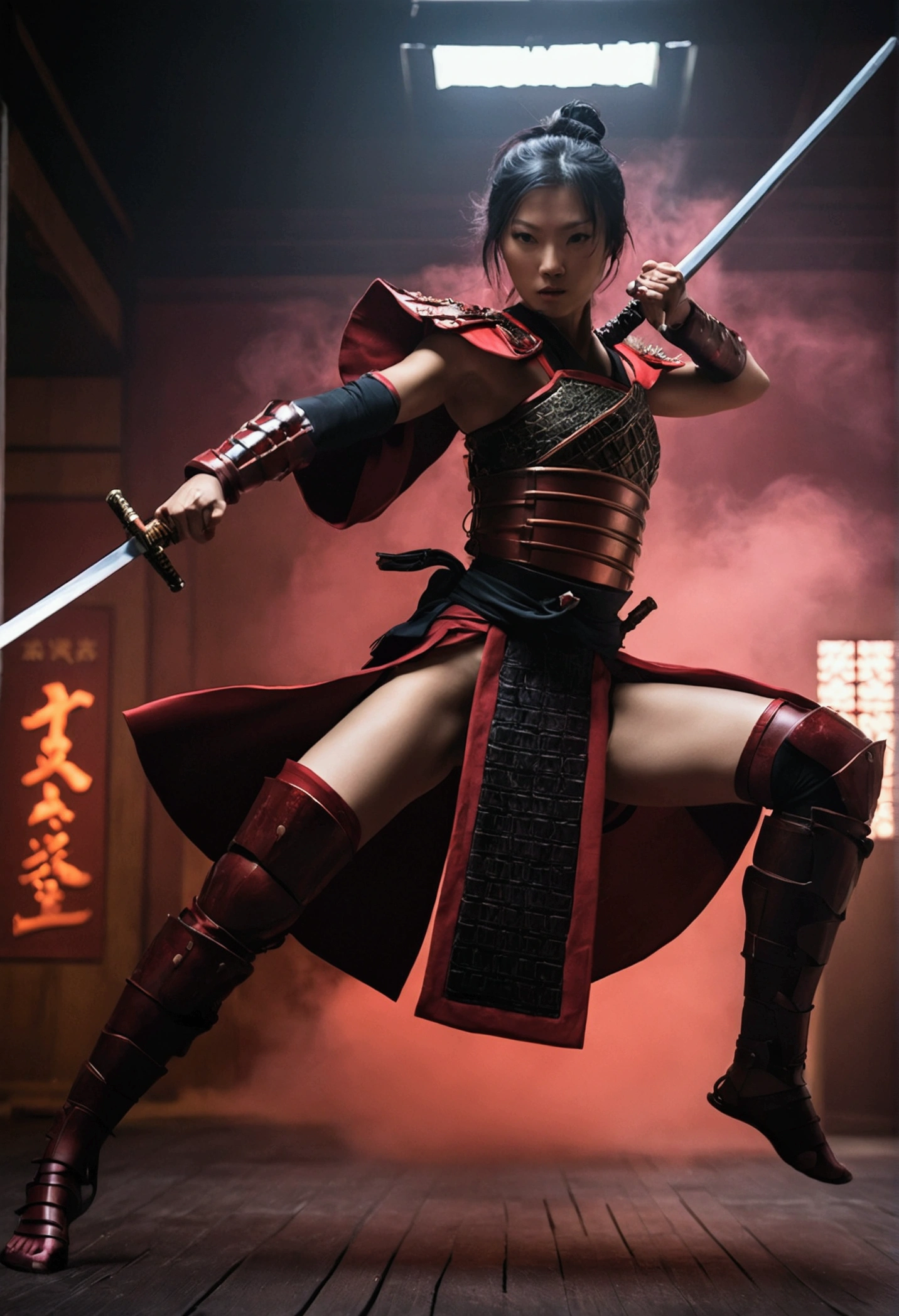cinematic film beautiful girl samurai, wear nothing but samurai armor, dynamic pose, jumping pose, model poses, novuschroma60 style bokeh, long legs, sword stance, sword dance, swing sword like dancing, fighting stance, the red moon highlights the subject, single sword, one hand hold sword, a slight back bend, night, rimlight, darkness, dark, low-key, chiaroscuro, symmetry, elegance, cyberpunk dystopia, megabuildings, advertisement, dystopia, mechanical arms, science fiction, no humans, samurai, low angle, fisheye lens, wide angle lens, Glow, red mist, red smoke, red fog, shallow depth of field, highly detailed, high budget, cinemascope, moody, epic, gorgeous, film grain, grainy