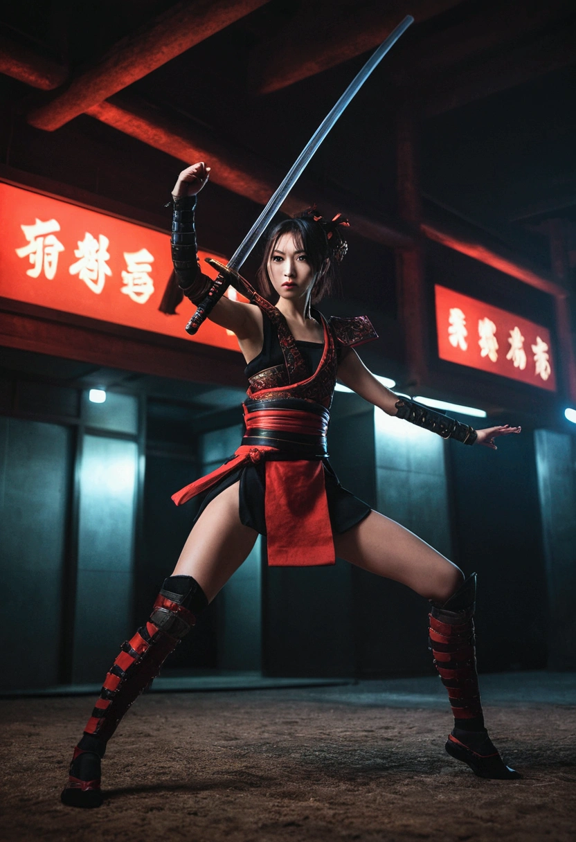 cinematic film beautiful girl samurai, wear nothing but samurai armor, dynamic pose, jumping pose, model poses, novuschroma60 style bokeh, long legs, sword stance, sword dance, swing sword like dancing, fighting stance, the red moon highlights the subject, single sword, one hand hold sword, a slight back bend, night, rimlight, darkness, dark, low-key, chiaroscuro, symmetry, elegance, cyberpunk dystopia, megabuildings, advertisement, dystopia, mechanical arms, science fiction, no humans, samurai, low angle, fisheye lens, wide angle lens, Glow, red mist, red smoke, red fog, shallow depth of field, highly detailed, high budget, cinemascope, moody, epic, gorgeous, film grain, grainy