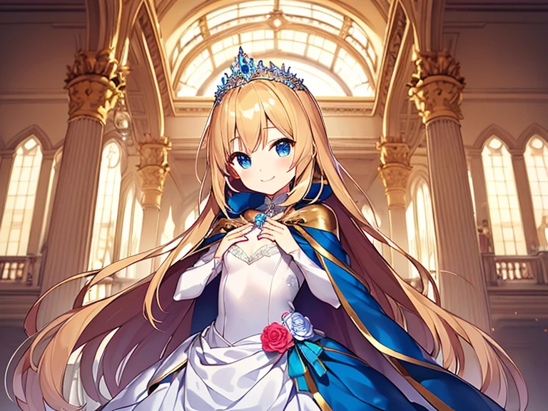 best quality,(long train blue cape:1.15),(long train white ball gown with floral decoration:1.15), a girl is wearing a cape over her dress, anime style, rococo style, little princess, tiara, kind smile, very long hair, small breast, perfect fingers, masterpiece