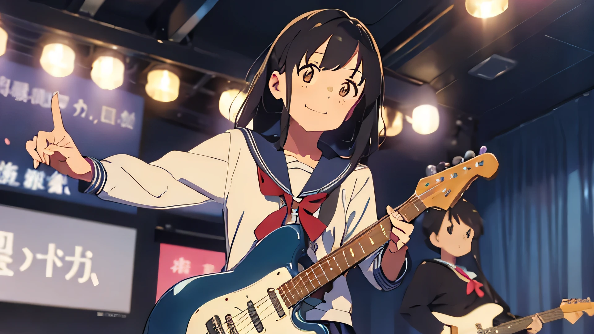 Wearing a sailor suit、Holding a guitar and pointing at me、Look at me and smile、Beautiful High School Girl、On stage