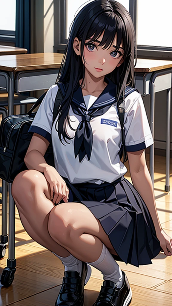 Beautiful attention to detail, Beautiful lip detail, Very detailed目と顔, Long eyelashes, 1 girl, Face close-up, inside the School, In the classroom, 18-year-old, Sweat, Dark skin, (Black hair semi-long straight),dissatisfaction, Sulky, Sailor suit, Dark Blue, White shirt, Short sleeve, School, Dark Blue Skirt, Black Skirt, Knee-high socks, sneakers, School bag, Highest quality, 4K, 8k, High resolution, masterpiece:1.2, Very detailed, Realistic, photoRealistic, photo-Realistic:1.37, High resolution, 超High resolution, Studio Lighting, Ultra-fine painting, Sharp focus, Physically Based Rendering, Very detailed説明, Professional, Vibrant colors, Bokeh, Portraiture