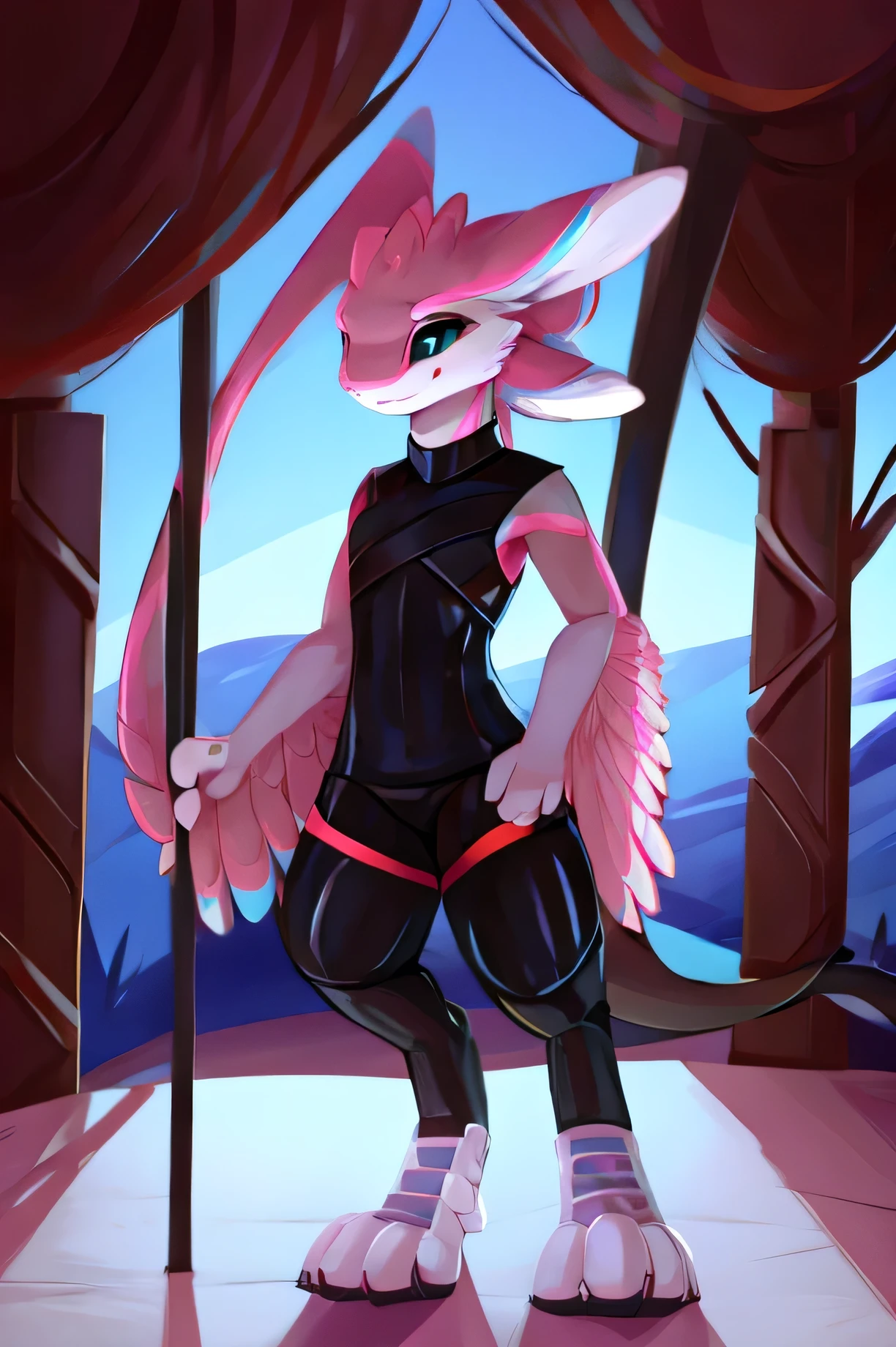 Avali medium-sized anthropomorphic femboy, wearing a black feminine outfit and black shorts, long tail of endorsement, fully body 