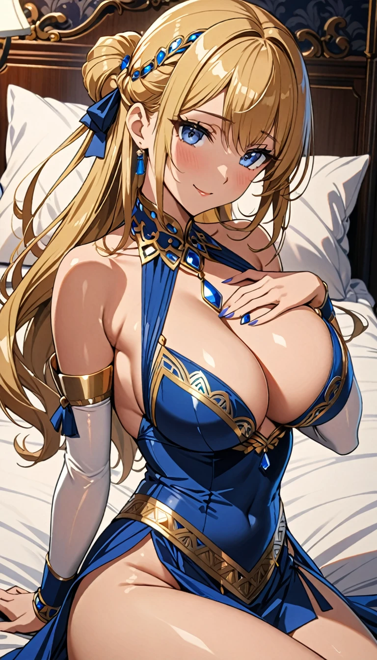 ((masterpiece)), ((high quality)), ((super detailed)), ((high resolution)) ,((8k)), a beautiful woman, ((She is one of the most famous female High-class hostess in the world.)), unparalleled beauty, ((huge breast)), ((large ass)), ((deep cleavage)), slim waist, chest out, ultra detailed face, perfect skin, (((Hair that reaches down to the neck, Half-up hairstyle, straight golden hair))), blue eyes,  detailed eyes, whole body image, sexy, an inviting smile, sensual, (((anime))), ((glamorous)), sexual attraction, 26 years old, ((incredibly beautiful woman)), ((The J cup bust)), ((((sexy pose)))) ,  (((Dancer's costume))),  ((beautiful breasts)), beautiful legs, 8 life size, anime, the most beautiful and strongest, ((charm)), ((Half Japanese and half British)), ((Grown-up face)), Late night bedroom, ((Secret meeting)), ((((hand on own chest, lying on bed)))),