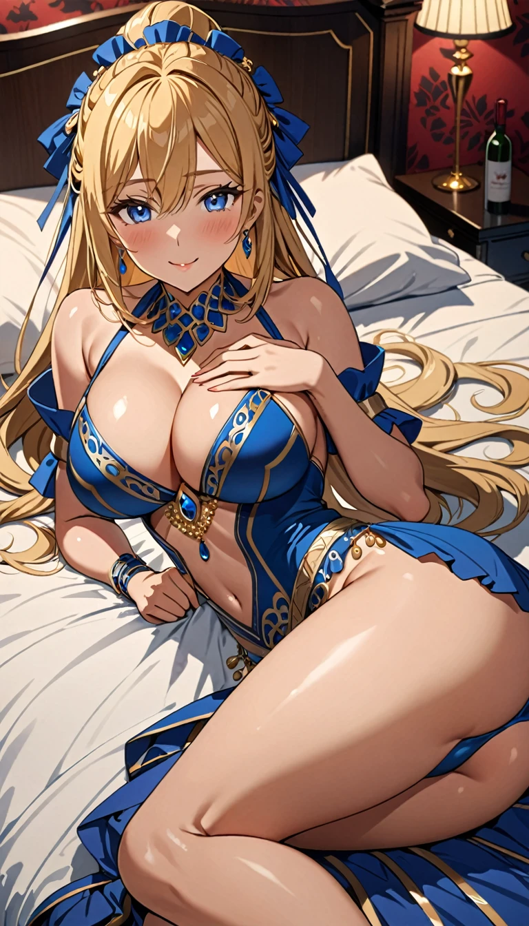((masterpiece)), ((high quality)), ((super detailed)), ((high resolution)) ,((8k)), a beautiful woman, ((She is one of the most famous female High-class hostess in the world.)), unparalleled beauty, ((huge breast)), ((large ass)), ((deep cleavage)), slim waist, chest out, ultra detailed face, perfect skin, (((Hair that reaches down to the neck, Half-up hairstyle, straight golden hair))), blue eyes, detailed eyes, whole body image, sexy, an inviting smile, sensual, (((anime))), ((glamorous)), sexual attraction, 26 years old, ((incredibly beautiful woman)), ((The J cup bust)), ((((sexy pose)))) , (((Dancer's costume))), ((beautiful breasts)), beautiful legs, 8 life size, anime, the most beautiful and strongest, ((charm)), ((Half Japanese and half British)), ((Grown-up face)), Late night bedroom, ((Secret meeting)), ((((hand on own chest, lying on bed)))),