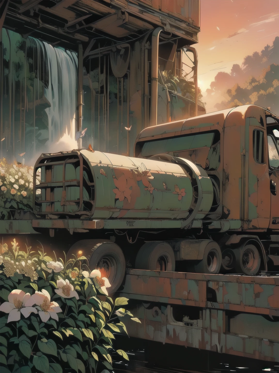 (((Masterpiece, Top Quality))), (((32K wallpaper))), detailed machinery, abandoned factory, stairwell, (((white flower field))), (((rusty heavy truck))), gorgeous light leak, (((backlit))), detailed background, top quality, (((no humans))), collapsed heavy machinery, complex heavy machinery, pale lighting, (((very dull color )))), (((detailed rusty heavy truck))), (((lots of white flowers falling))), (((flowers growing out of rusty heavy truck))), (((lots of butterflies))), (((abandoned garage))), (((submerged))), (((waterfall falling from ceiling))), (((waterfall on heavy truck)))), (((( Bright red sunset))), (((detailed waterfall and water))), (((close up of heavy truck))