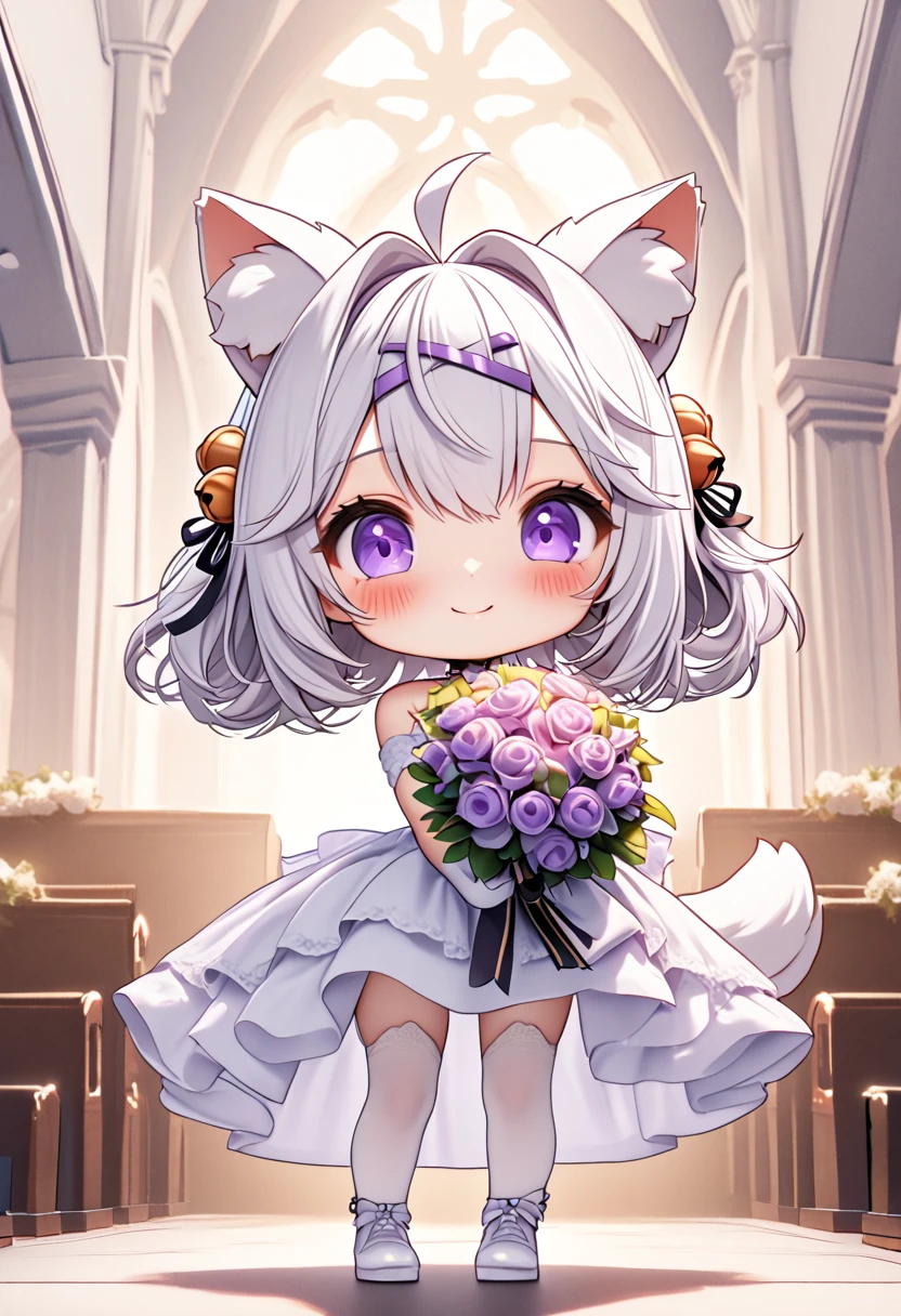 master piece, best quality, ultra-detailed, illustration, 1girl, solo, chibi, (big head), cute pose, front view, looking at viewer. Filiansailor, (((purple hairclip)) ), hair bell, white hair, short hair, cat ears, ahoge, purple eyes, blush, smiling, fluffy tail, long ponytail hair, wedding dress, long bridal veil, white arm sleeve, white gloves, holding bridal bouquet, white leg stockings, white high heals, church background, altar, center isle