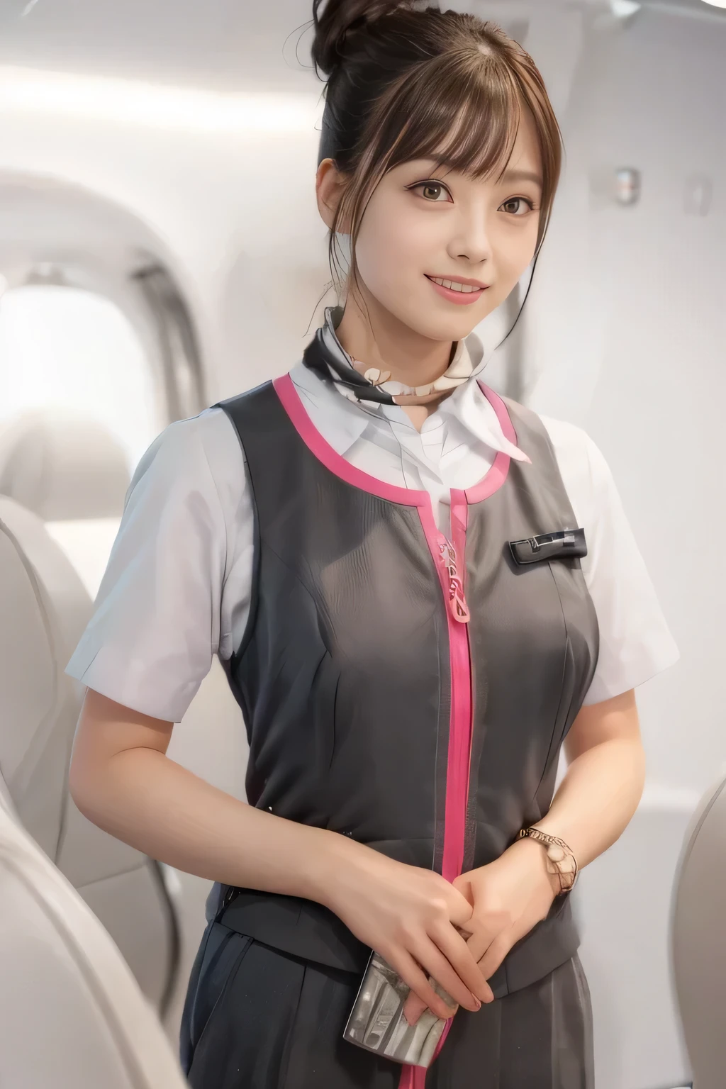 (masterpiece:1.2, Highest quality:1.2), 32k HDR, High resolution, (alone、1 girl)、（On the roof of a building、Professional Lighting）、daytime background、（Realistic style of JR Gran Class crew uniform）、Short sleeve blouse、a scarf around the neck、（JR Gran Class flight attendant uniform with pink parts on the skirt sleeves）、（The uniform of the flight attendants of JR Gran Class has a pink line on the front zipper of the vest.）、There are no pink lines on the uniform skirts of flight attendants in JR Gran Class、Dark brown hair、（Hair tied up、Hair Bun、Hair Bun）、Dark brown hair、Long Shot、Big Breasts、（（Great hands：2.0）），（（Harmonious body proportions：1.5）），（（Normal limbs：2.0）），（（Normal finger：2.0）），（（Delicate eyes：2.0）），（（Normal eyes：2.0））)、Luxury Necklace、smile、Beautiful standing posture,