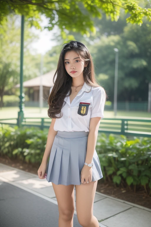 1girl, 15 years old, indonesian women (uniform_doodle), standing, outdoors, detailed face, detailed eyes, huge breasts, open cleavage, tight shorts grey skirt, white stocking, open legs, indonesian face, indonesian hight school, looking at the audience,(8k, RAW photo, best quality, masterpiece: 1.2), (realistic, realistic: 1.37), ultra-high resolution