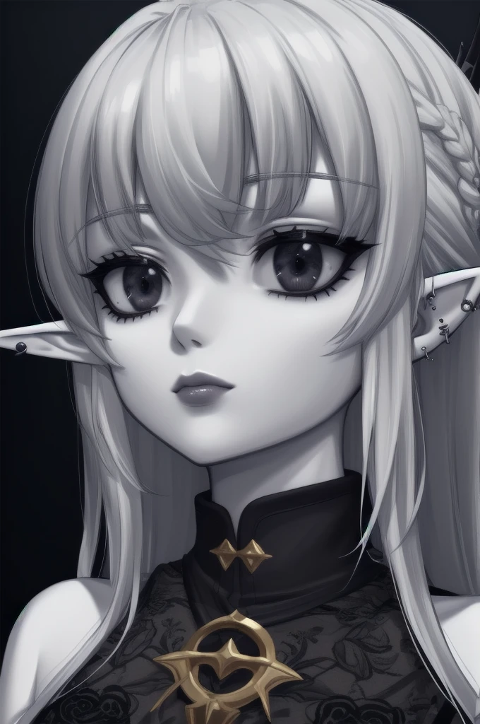 Masterpiece, high quality, (pale skin tone:1.5), elf, fit, beautiful elf, sexy elf, female, portrait, piercings, virgin, black eyes, princess, Aesthetic, pixie cut, sunny day, CG shading, Unreal engine 5, Detailed, intricate