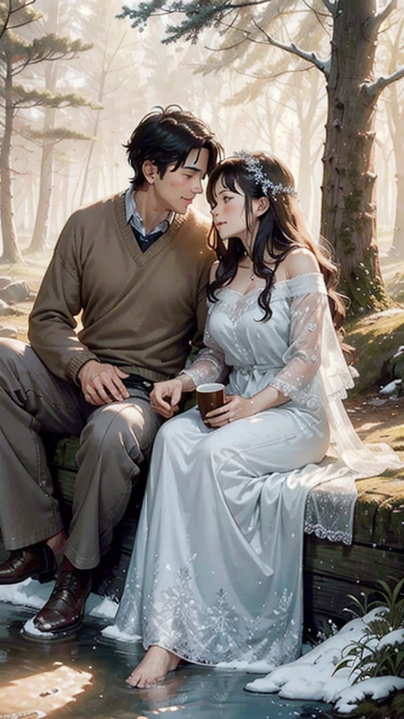 In the soft morning light of winter, a couple sits bathed in sunlight outside their rustic forest house. The man and woman, both bundled in cozy sweaters and sipping steaming mugs of coffee, are surrounded by a serene wilderness. The scene captures a peaceful and intimate moment, frozen in time like a beautifully detailed painting. The exquisite details of the couple's expressions, the delicate frost on the trees, and the play of light and shadow create a vivid and captivating image that radiates warmth and love.