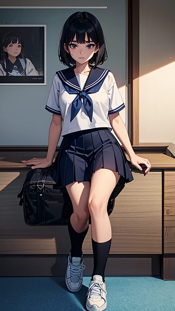 
Beautiful attention to detail, Beautiful lip detail, Very detailed目と顔, Long eyelashes, 1 girl, Face close-up, inside the School, In the classroom, 18-year-old, Sweat, Dark skin, (Short black hair),dissatisfaction, Sulky, Sailor suit, Dark Blue, White shirt, Short sleeve, School, Dark Blue Skirt, Black Skirt, Knee-high socks, sneakers, School bag, Highest quality, 4K, 8k, High resolution, masterpiece:1.2, Very detailed, Realistic, photoRealistic, photo-Realistic:1.37, High resolution, 超High resolution, Studio Lighting, Ultra-fine painting, Sharp focus, Physically Based Rendering, Very detailed説明, Professional, Vibrant colors, Bokeh, Portraiture