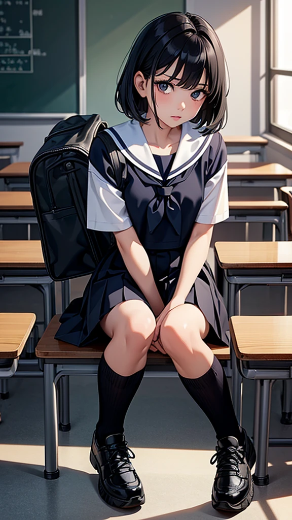 Beautiful attention to detail, Beautiful lip detail, Very detailed目と顔, Long eyelashes, 1 girl, Face close-up, inside the School, In the classroom, 18-year-old, Sweat, Dark skin, (Short black hair),dissatisfaction, Sulky, Sailor suit, Dark Blue, White shirt, Short sleeve, School, Dark Blue Skirt, Black Skirt, Knee-high socks, sneakers, School bag, Highest quality, 4K, 8k, High resolution, masterpiece:1.2, Very detailed, Realistic, photoRealistic, photo-Realistic:1.37, High resolution, 超High resolution, Studio Lighting, Ultra-fine painting, Sharp focus, Physically Based Rendering, Very detailed説明, Professional, Vibrant colors, Bokeh, Portraiture