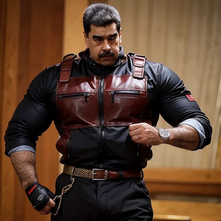 (masterpiece, best quality:1.2) The man is wearing a black tactical vest and fingerless gloves, highlighting his strong and muscular physique. He also has a tool belt with several pouches, adding to his action-oriented appearance.
The subject stands confidently with his arms crossed, exuding a sense of power and readiness. His facial expression is intense, with a slight furrow between his eyebrows, matching the dramatic and stormy surroundings.