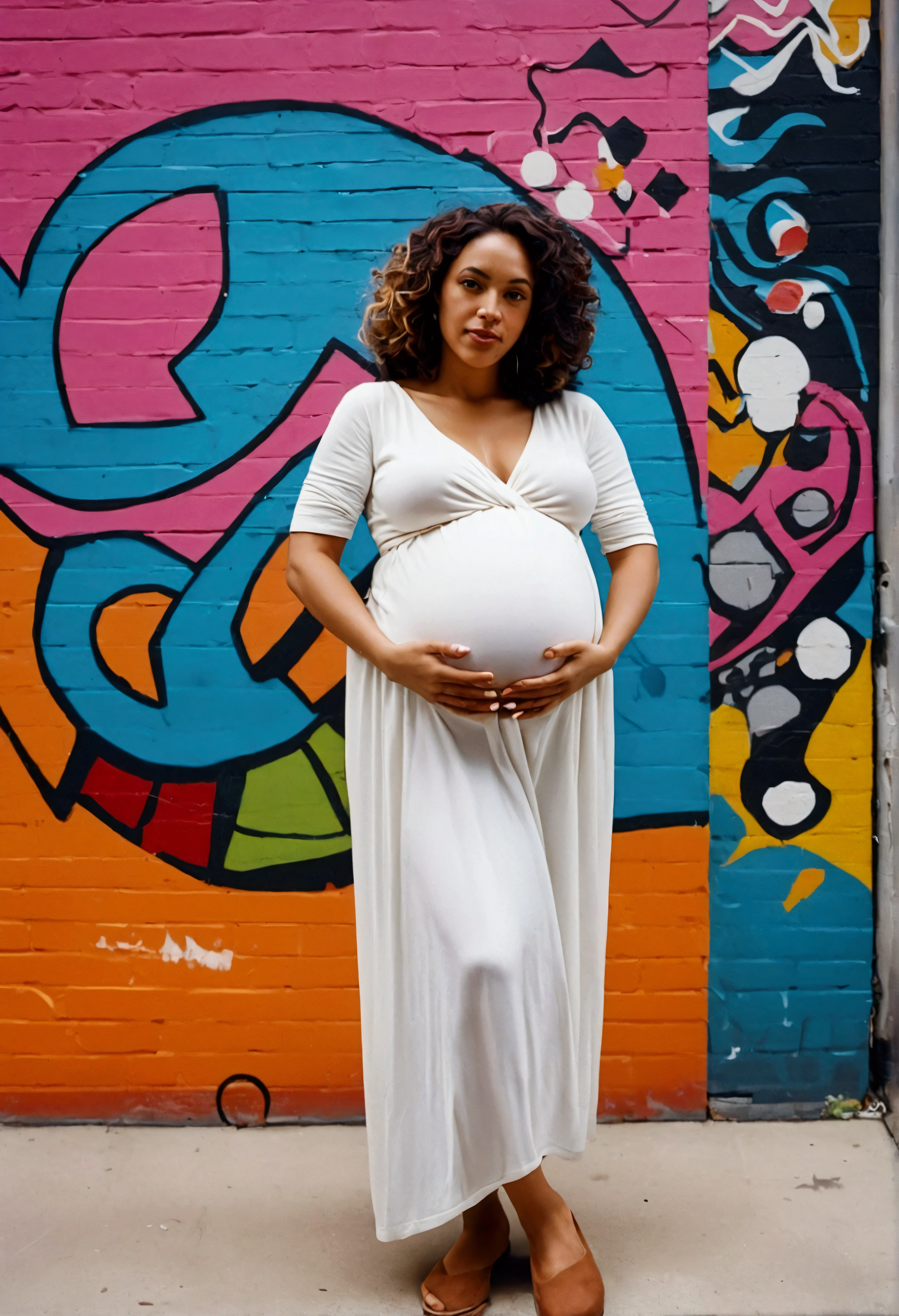 in the style of aesthetics,1 Pregnant women dressed in fashion, Chicago, USA, make for a memorable photo, The background is to charming neighbourhoods and colourful street art, photo taken with fujifilm superia, charly amani,