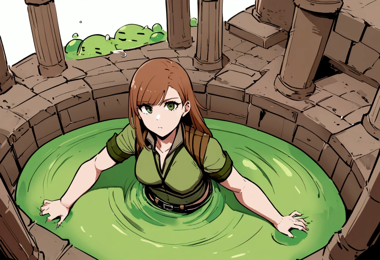 Kate Mara, age 25, adventurer sexy outfit, has fallen into a slime pit trap. ancient ruins, big splash. covered in slime. Something vicious lives in the slime